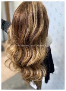 Natural Golden Blonde Balayage Hair Colour on Human Hair Wig at Simon Constantinou Wig Fitters Cardiff
