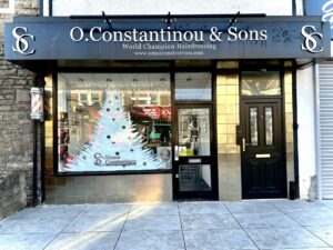 Christmas Window at Simon Constantinou Hairdressers and Barbers Cardiff