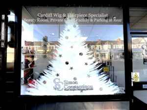 Christmas Window at Simon Constantinou Hairdressers and Barbers Cardiff