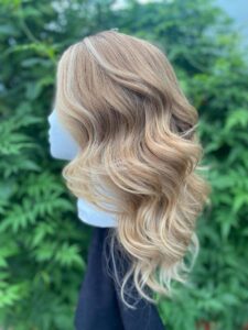 Natural Sun-kissed blonde Balayage on human hair wig for Little Princess Trust by Maggie at Simon Constantinou Hairdressers and Wig Fitters