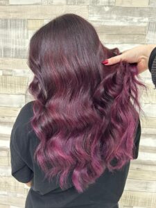 Berry Red Purple Balayage Hair Color by Lucy at Simon Constantinou Hairdressers in Cardiff