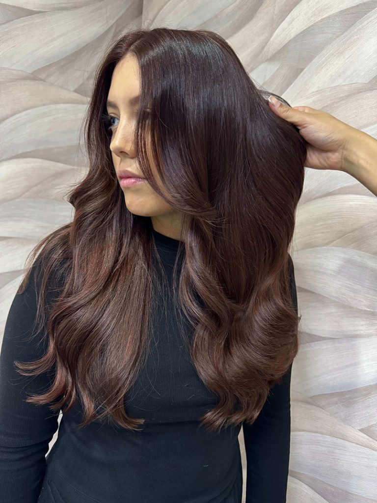 Bouncy Blow Dry on Long Chocolate Cherry Hair Colour by Leonie at Simon Constantinou Hairdressers Cardiff