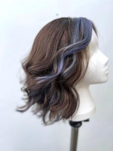 Brunette and Blue Hair Colour on human hair wig for Little Princess Trust by Maggie at Simon Constantinou Hairdressers Cardiff