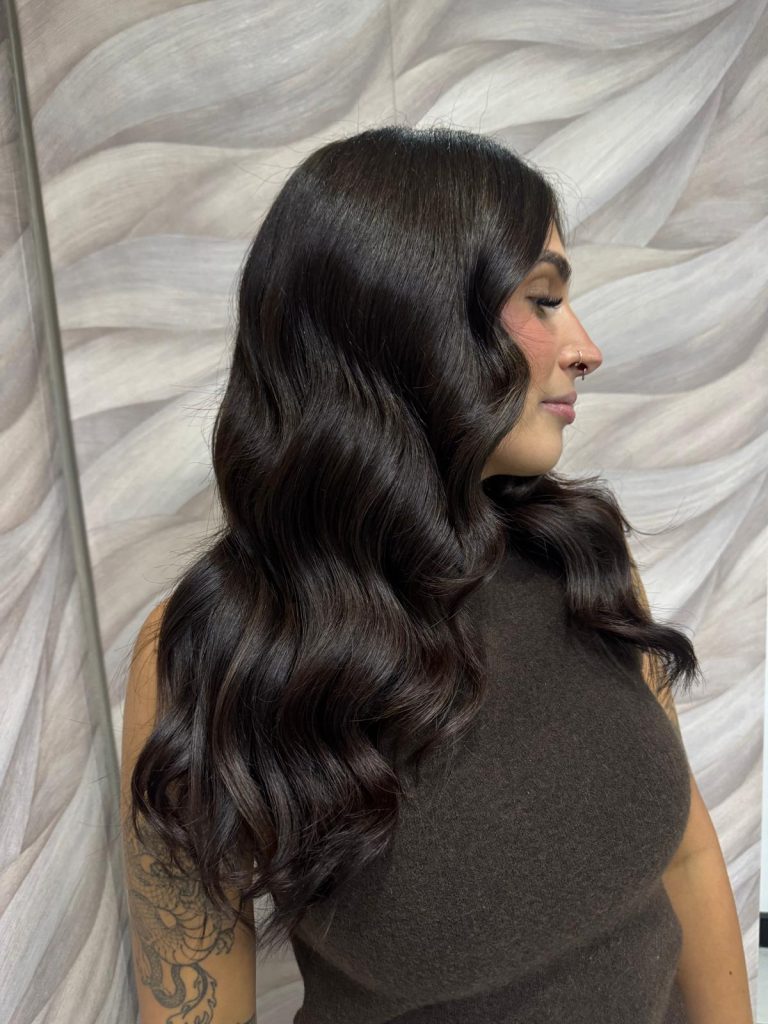 Dark Brunette hair extensions, kerasilk treatment and hair colour by Leonie at Simon Constantinou Hairdressers Cardiff