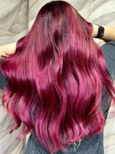 Magenta Berry Hair Colour by Steph at Simon Constantinou Hair Cardiff