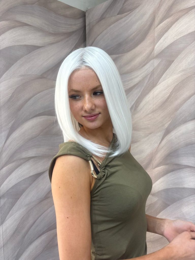 NHS wigs at Simon Constantinou - platinum blonde white synthetic wig