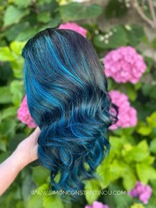 Electric Blue Balayage Hair Colour on Human Hair wig for Little Princess Trust by Maggie at Simon Constantinou Hairdressers & Wig Fitters in Cardiff