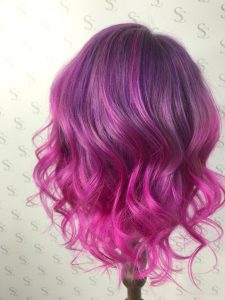 Pink & Purple Balayage hair colour on human hair Little Princess Trust wig by Maggie at Simon Constantinou Wig Fitters Cardiff 